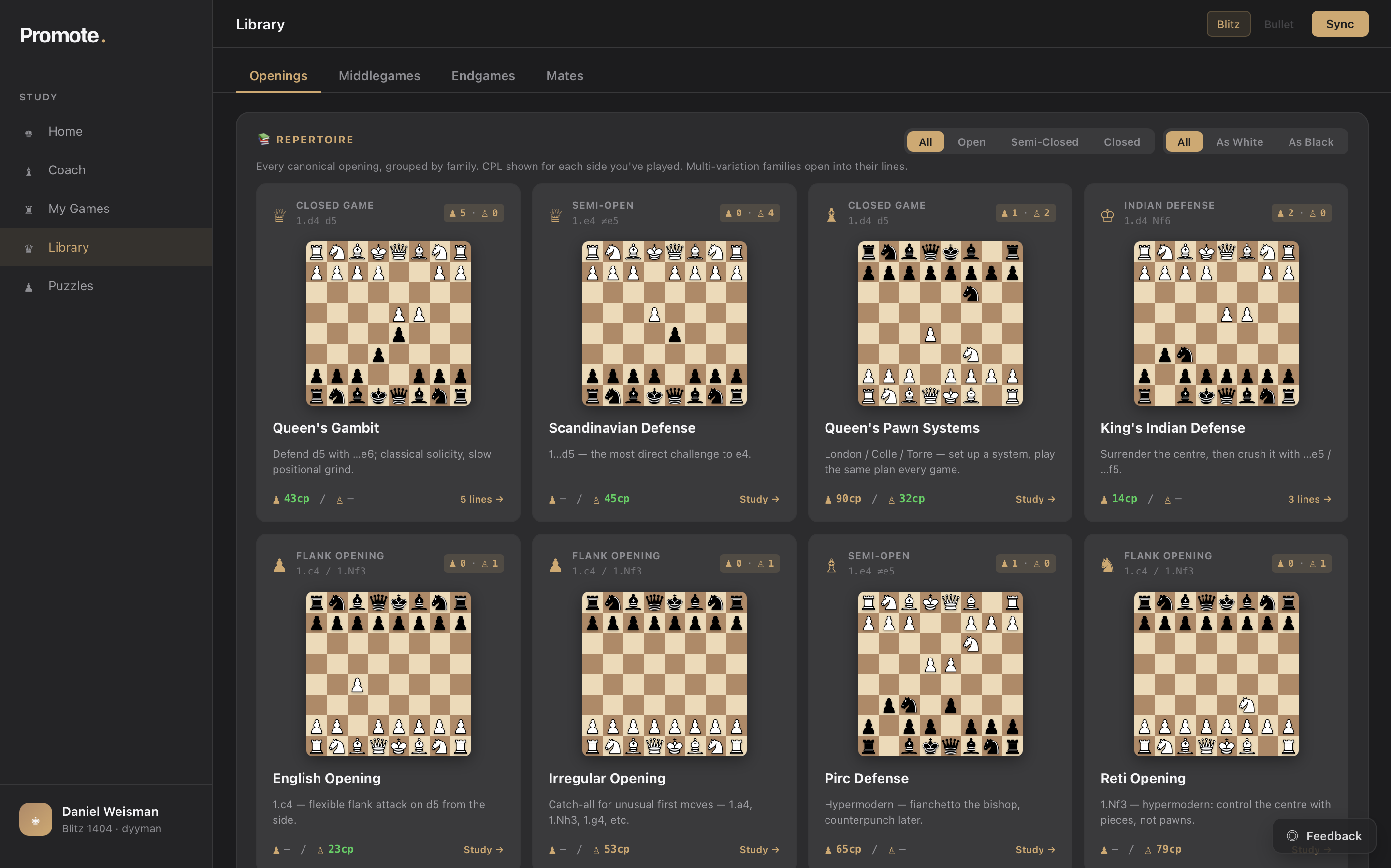 Promote Library — every canonical opening grouped by family with CPL stats per side, repertoire cards for Queen's Gambit, Scandinavian, King's Indian, English, and more